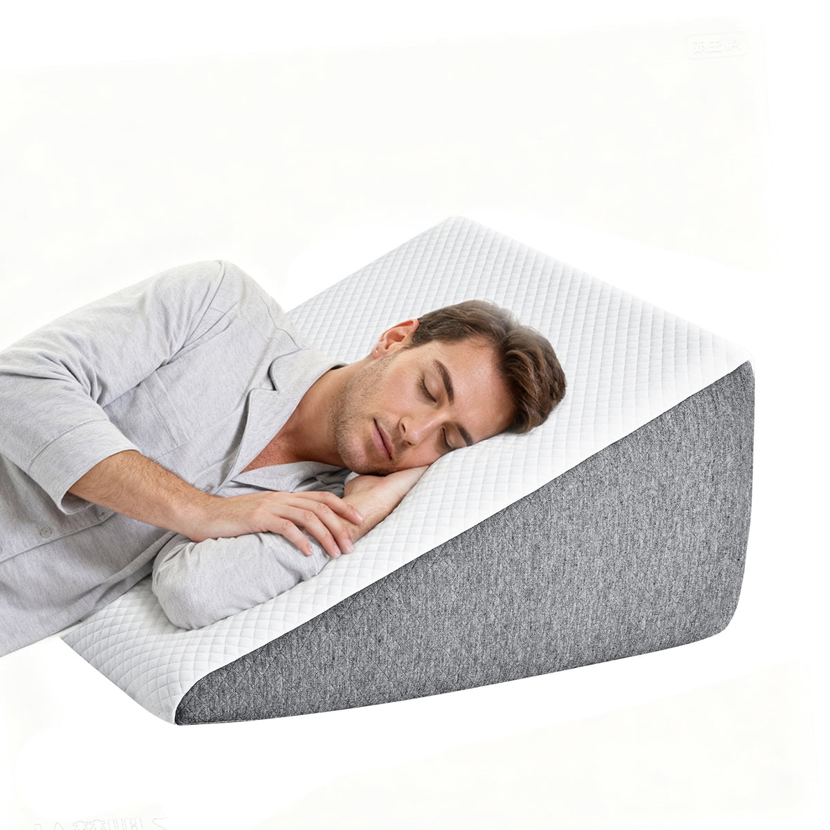 memory foam wedge pillow for bed with man sleeping comfortably on inclined support