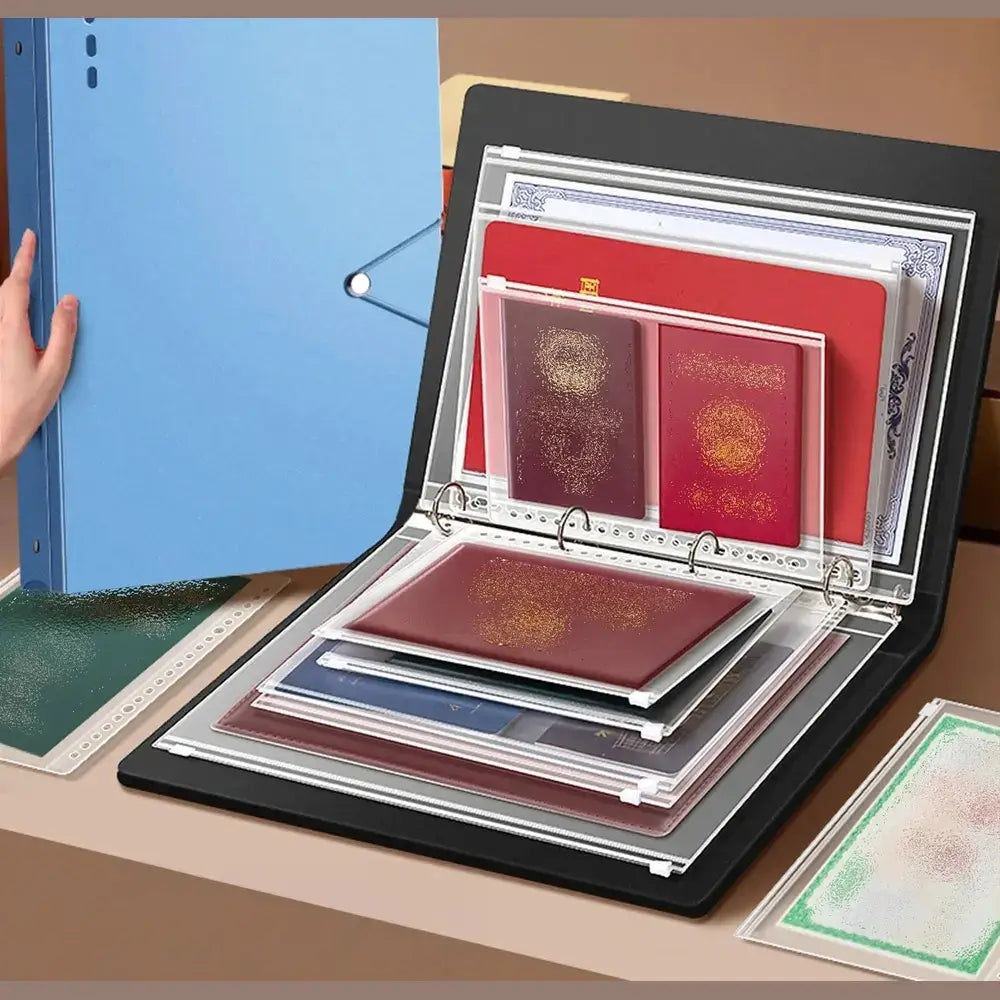 12-pocket document organizer for family records displaying clear pockets for easy access to vital documents and certificates.