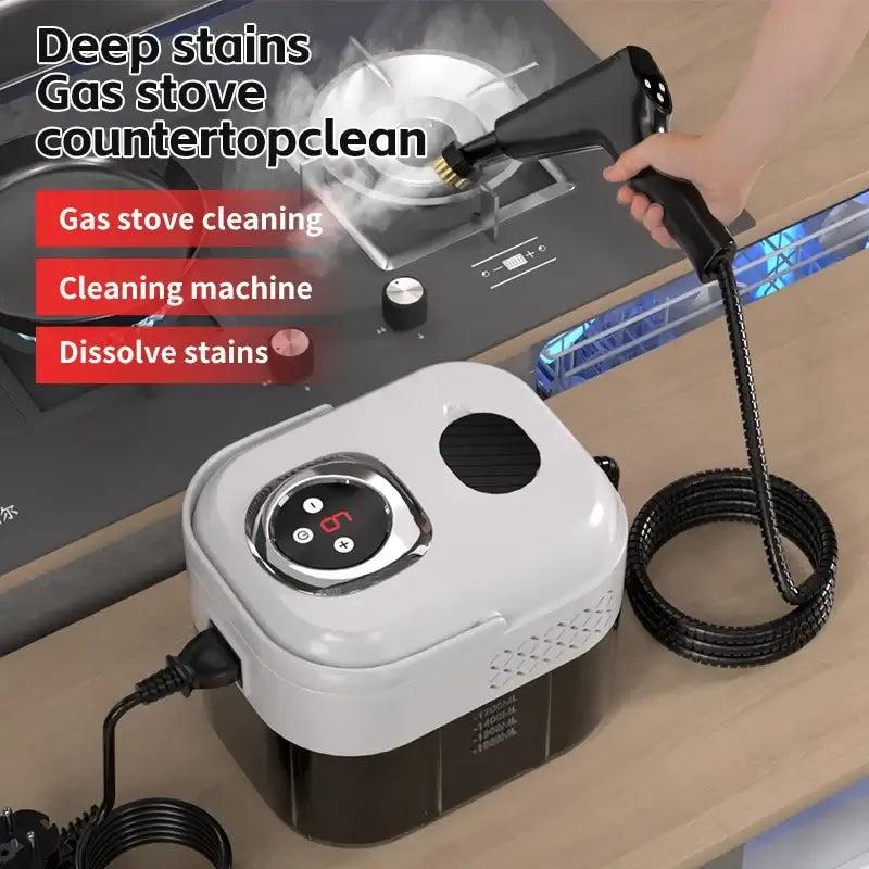 1500W Handheld Steam Cleaner, 110V/220V for deep gas stove cleaning and countertop stain removal.