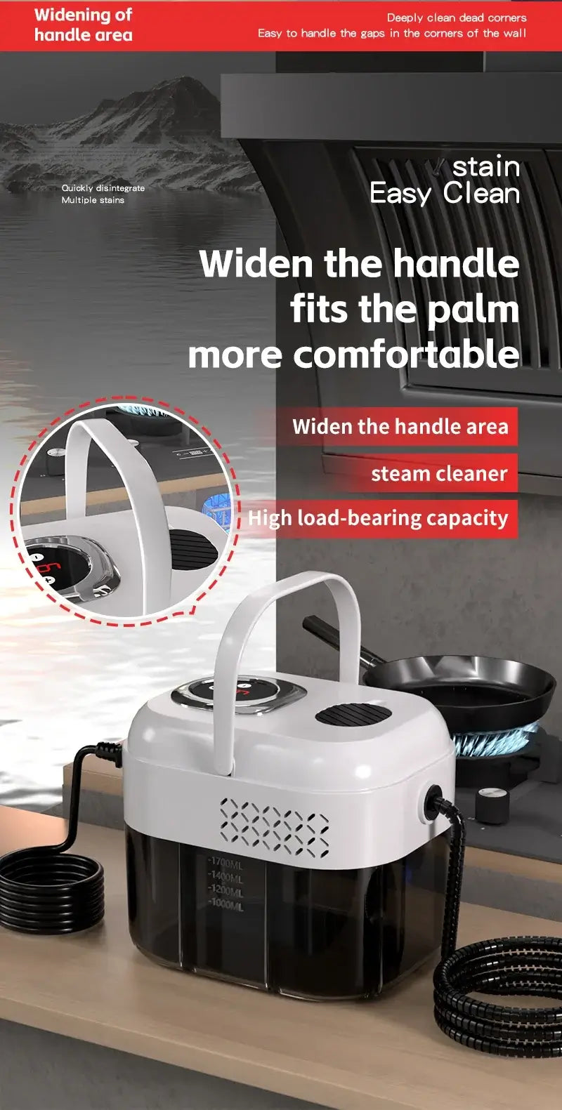 1500W Handheld Steam Cleaner, 110V/220V with widened handle for comfortable grip and easy cleaning.