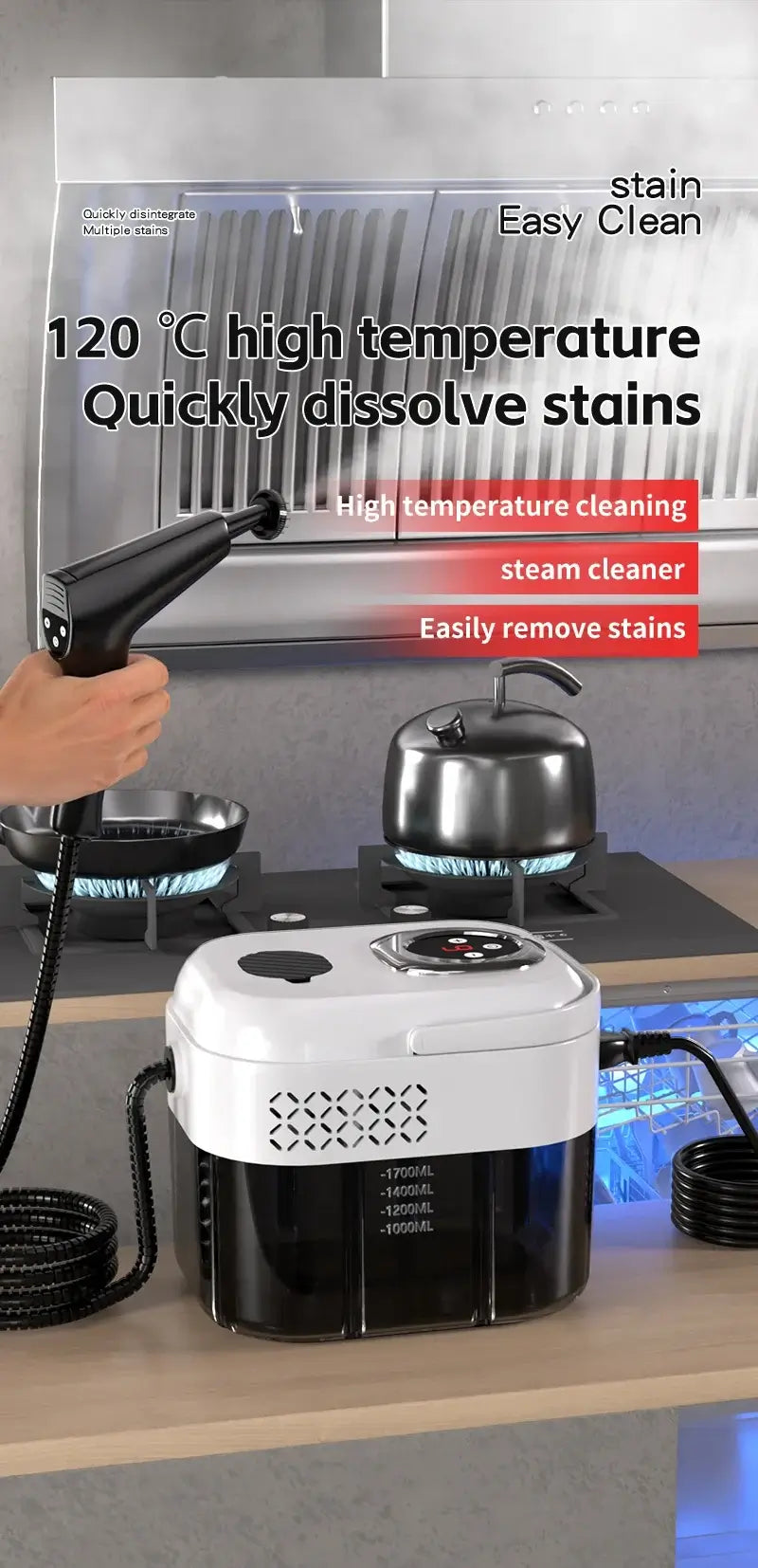 1500W Handheld Steam Cleaner, 110V/220V for high temperature cleaning and quick stain removal.