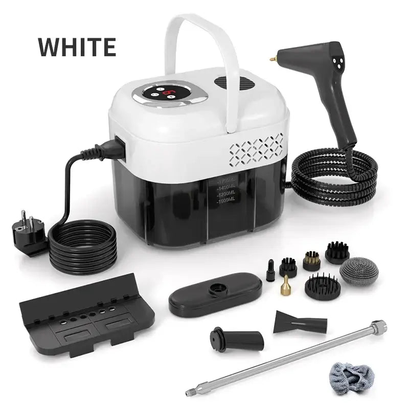 1500W Handheld Steam Cleaner, 110V/220V in White with attachments for cleaning surfaces and car interiors.