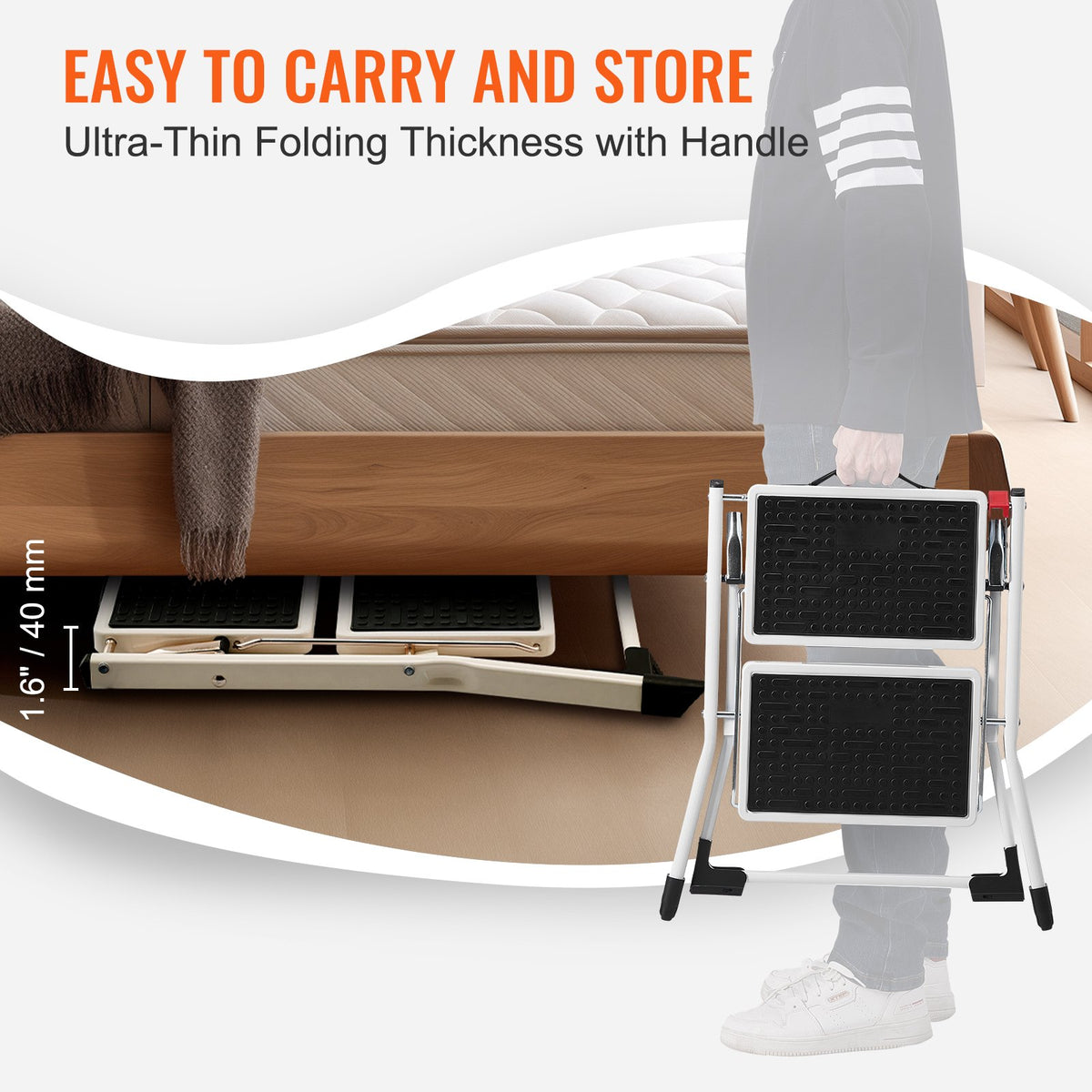 2-step folding steel step stool with non-slip steps stored under bed, ultra-thin design with handle for easy carrying