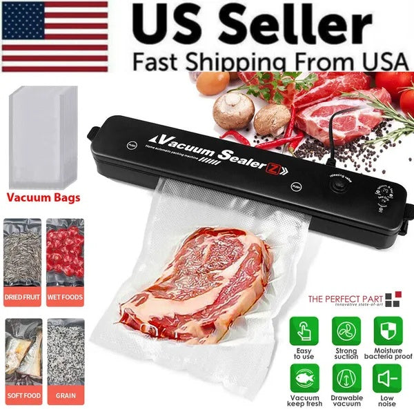 automatic vacuum sealer machine with vacuum bags for food storage, featuring sealed raw meat and fresh vegetables