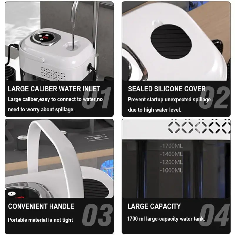 Features of 1500W Handheld Steam Cleaner, 110V/220V, including water inlet, silicone cover, handle, and large capacity.
