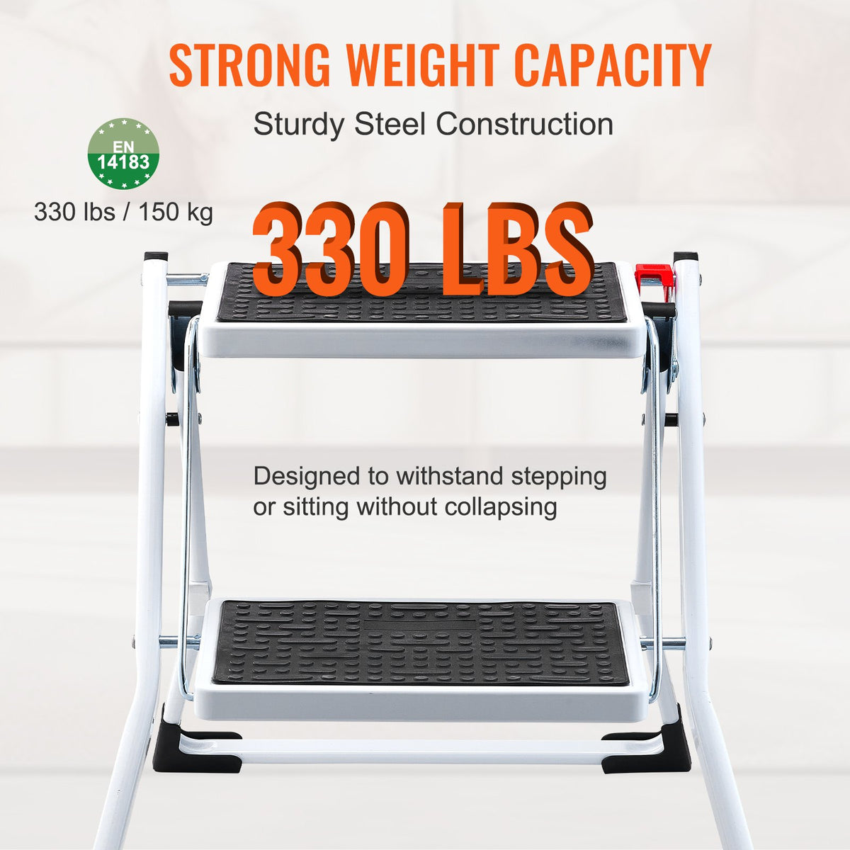 2-step folding steel step stool with non-slip steps showing 330 lbs weight capacity