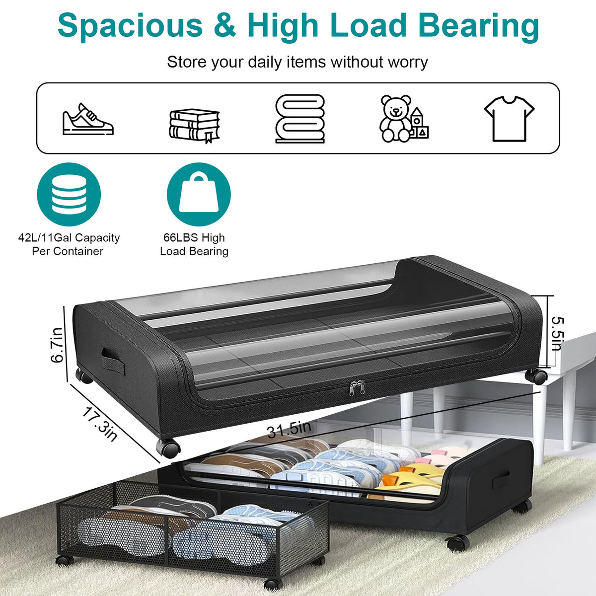rolling under-bed storage containers with clear lids showing black bins with wheels holding folded clothes and bedding