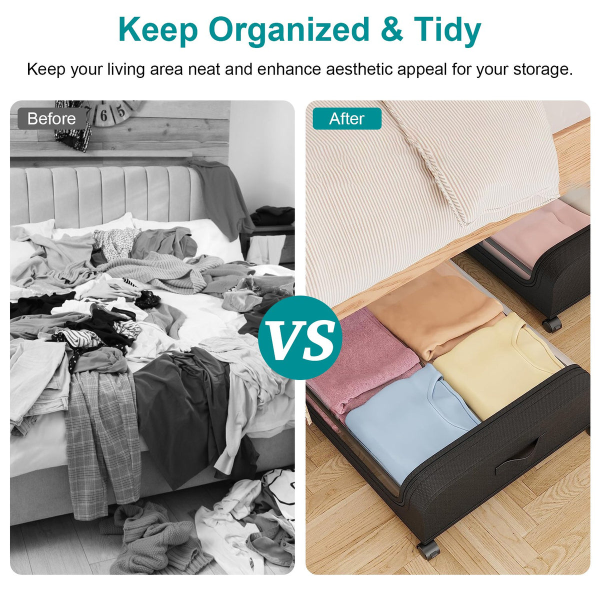 rolling under-bed storage containers with clear lids showing organized folded clothes neatly stored under bed