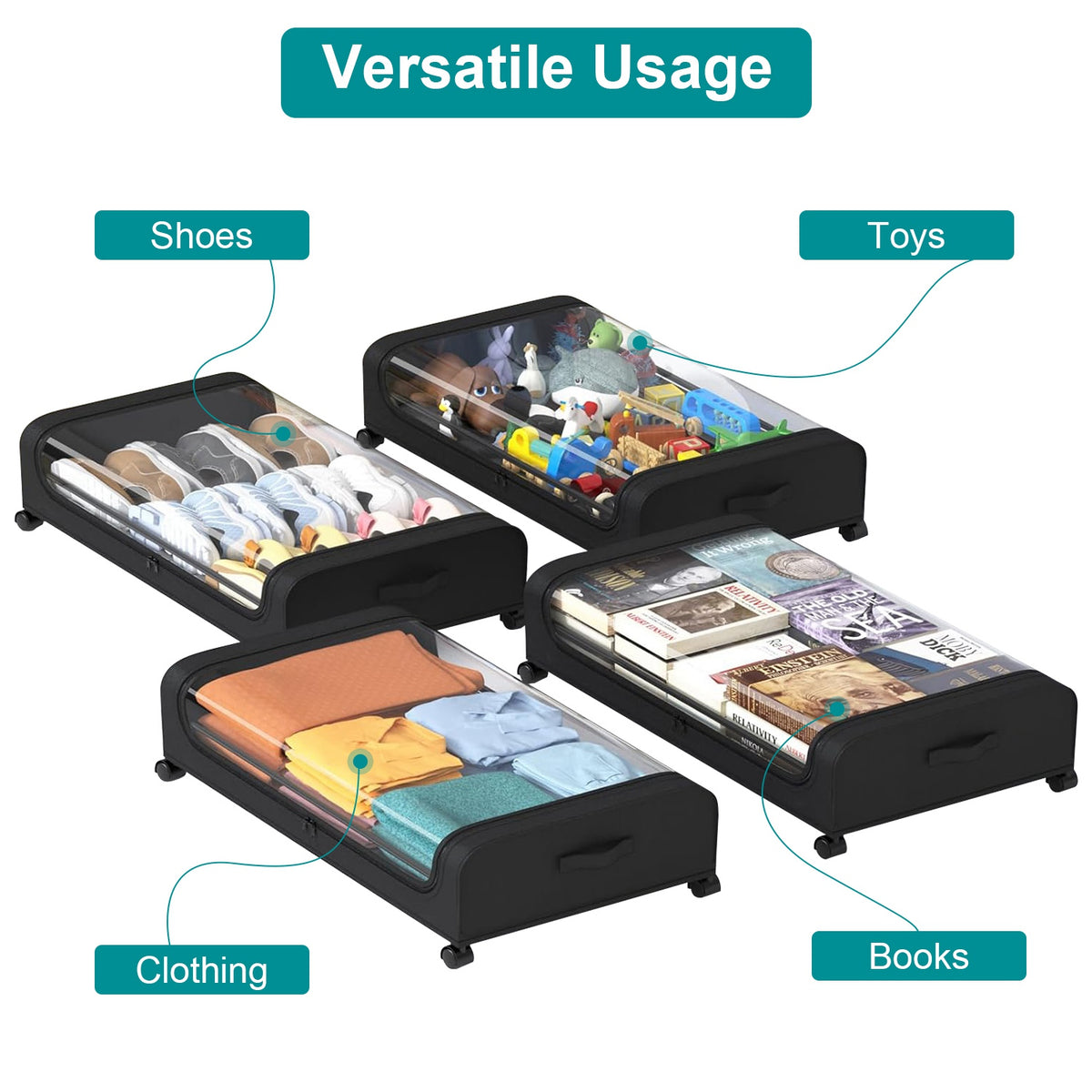 rolling under-bed storage containers with clear lids shown storing shoes, toys, clothing, and books