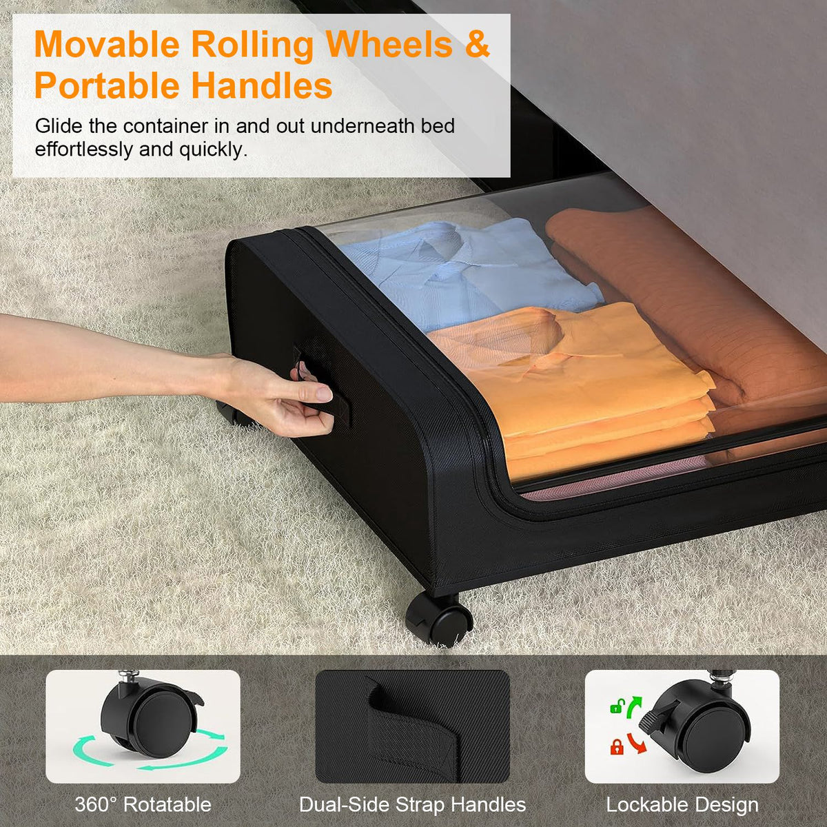 rolling under-bed storage containers with clear lids being pulled out from under bed with hand on portable handle
