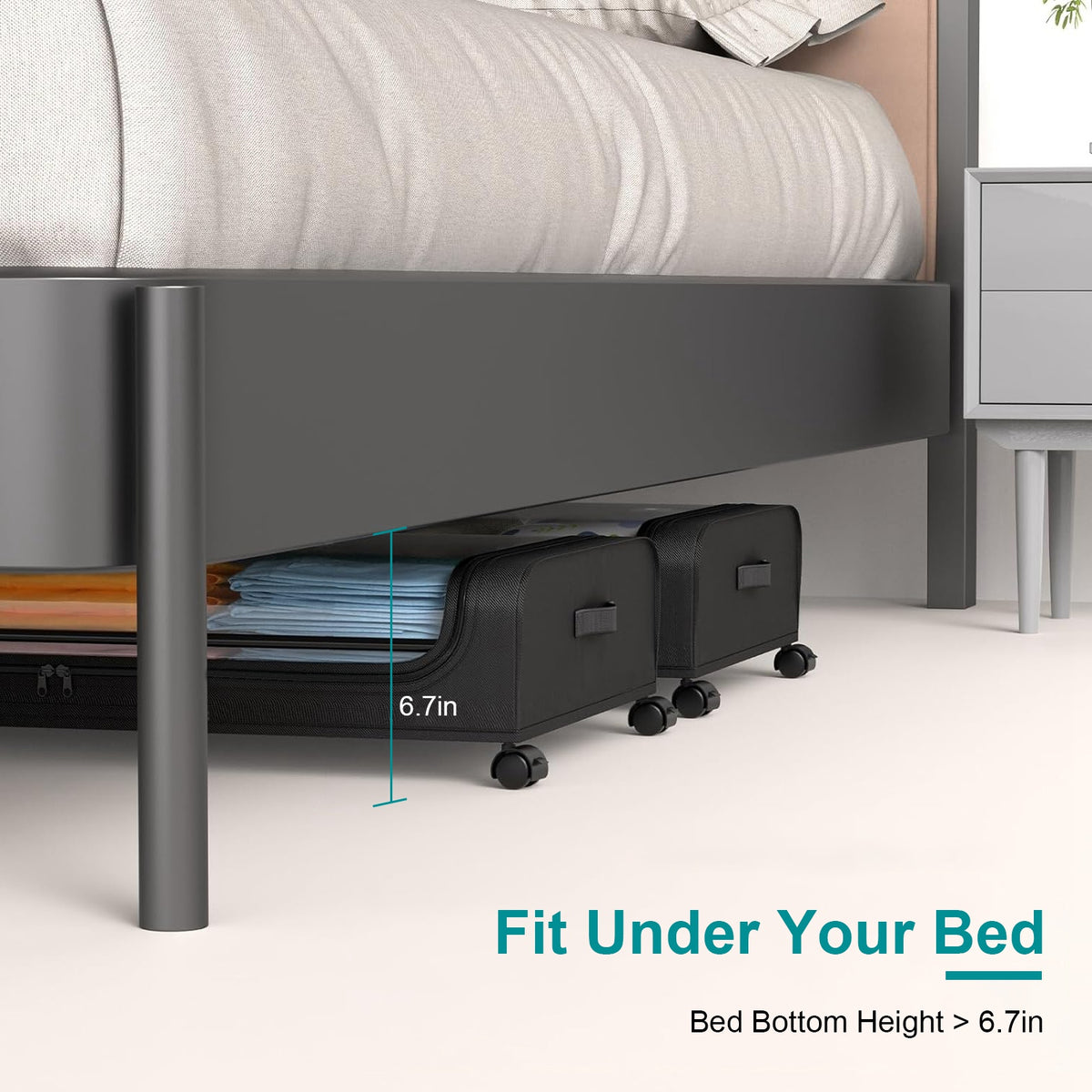 rolling under-bed storage containers with clear lids tucked under bed frame showing folded clothes and wheels