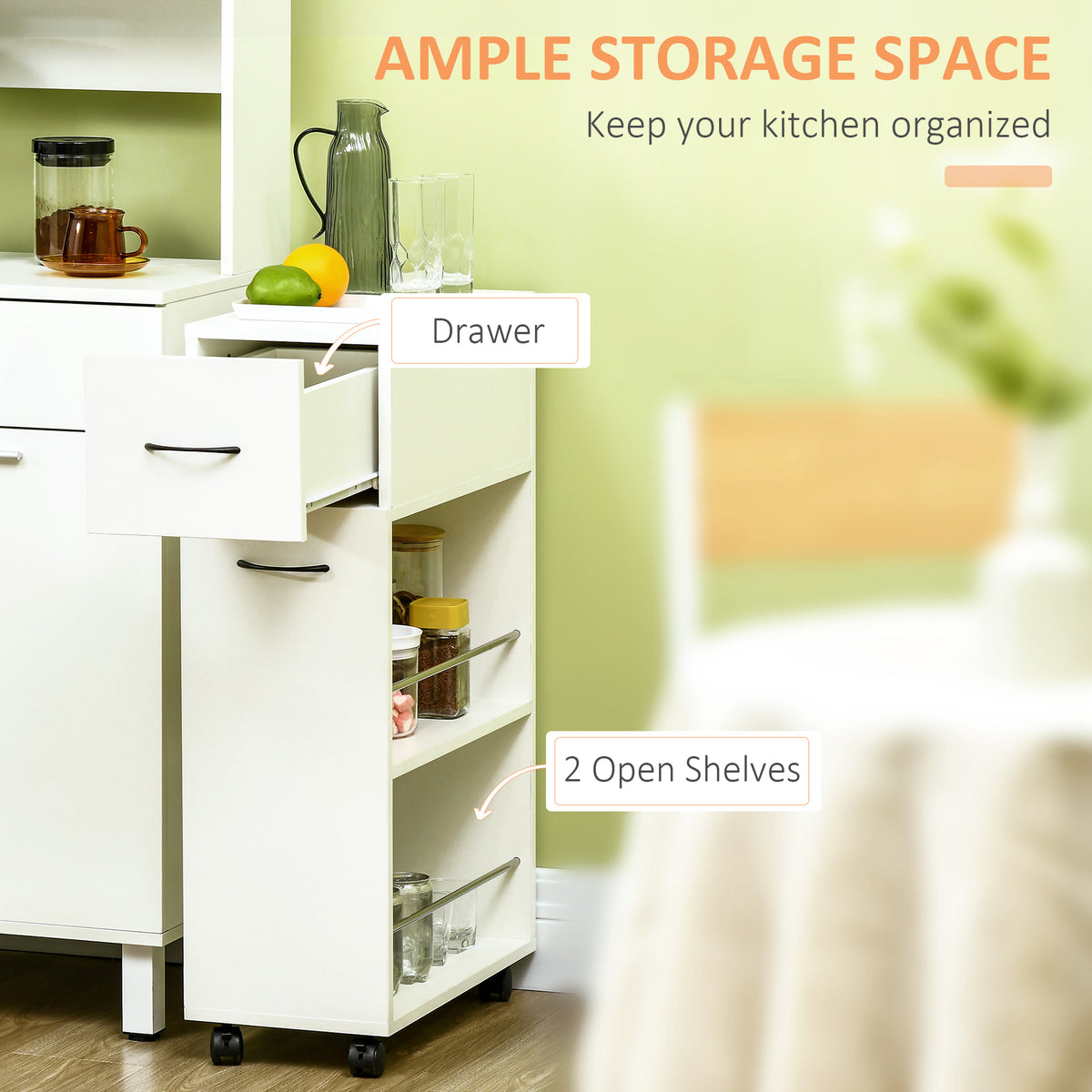 Slim rolling storage cart with drawer in white, featuring one drawer and two open shelves, organized with kitchen items and spices for compact spaces