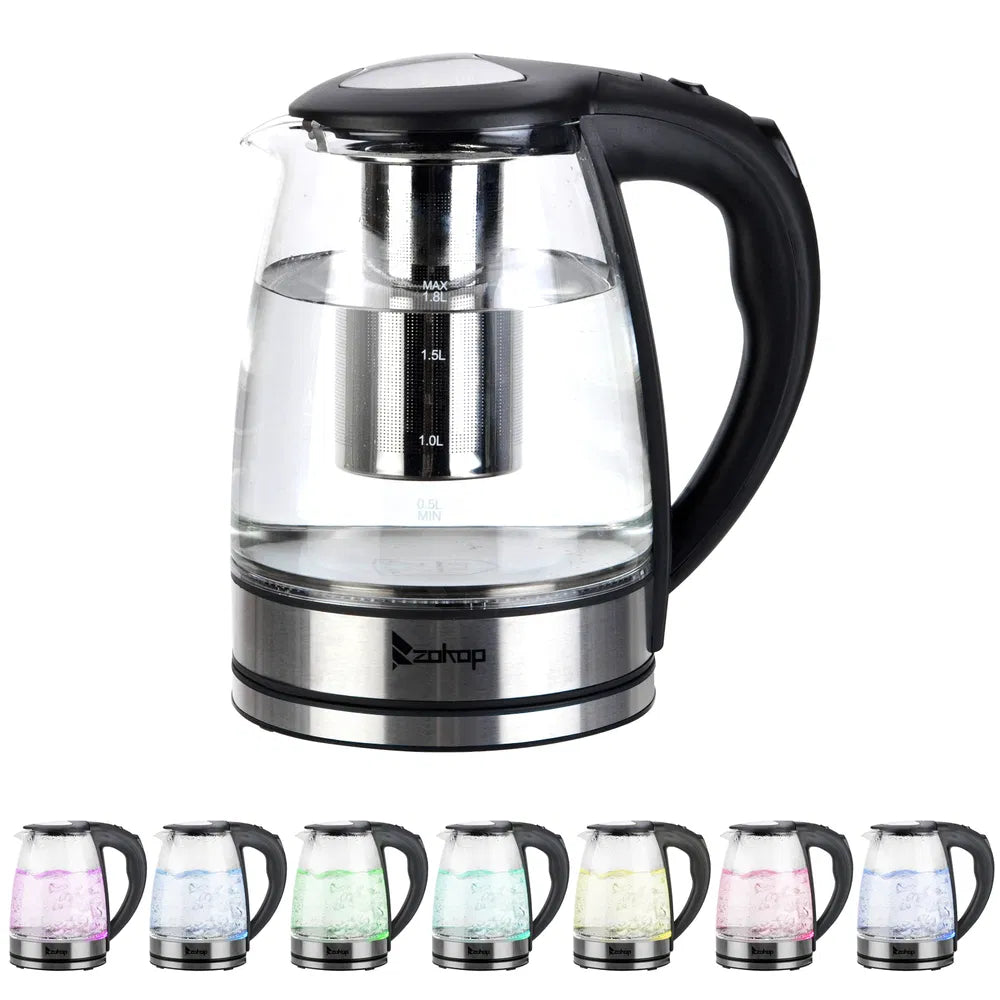 Glass electric kettle with tea infuser and LED color options