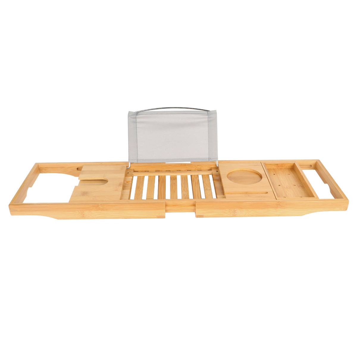 Extendable bamboo bathtub caddy with book holder, drink cup holder, and storage compartments in natural bamboo finish