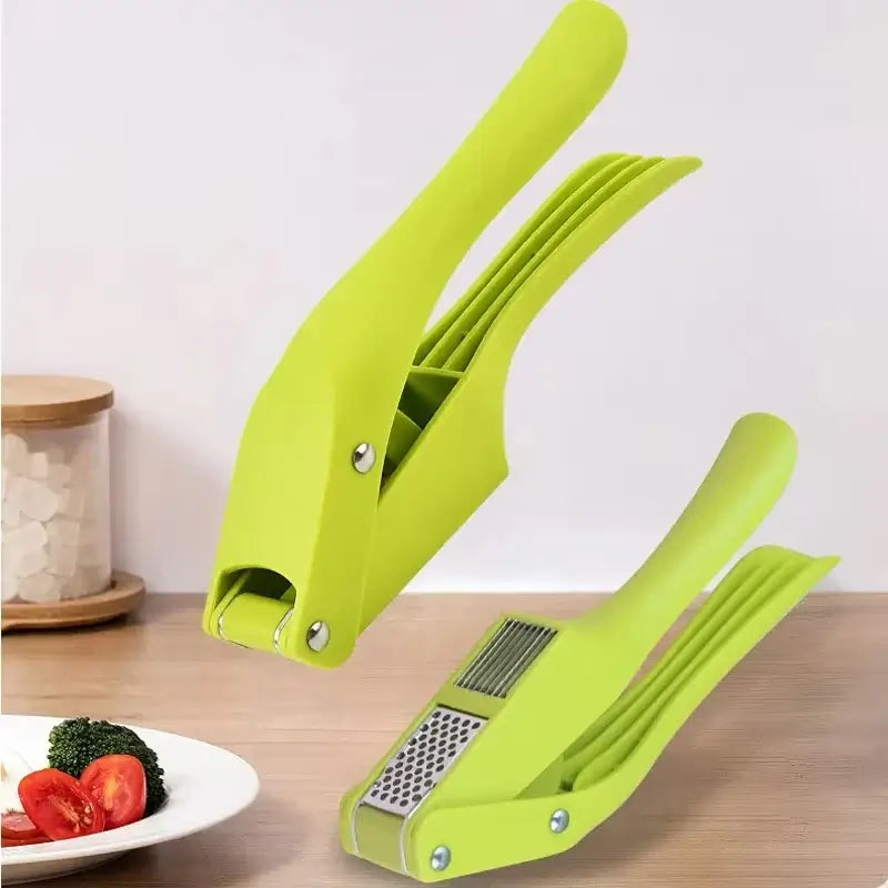 2-in-1 Garlic Press and Slicer, Green Options for efficient kitchen use and compact storage.
