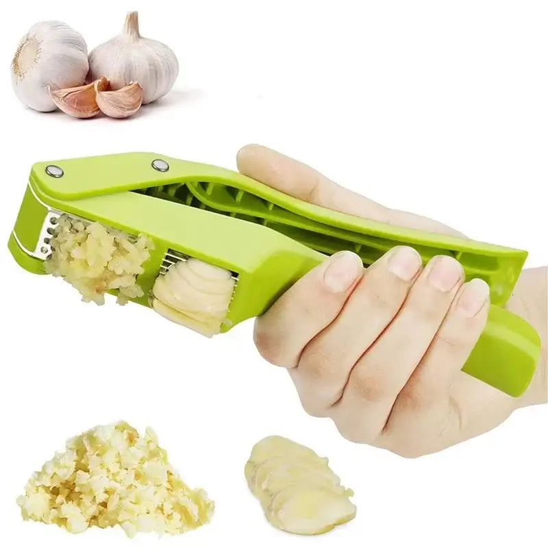 2-in-1 Garlic Press and Slicer, Green Options in use, easily mashing and slicing garlic for cooking.