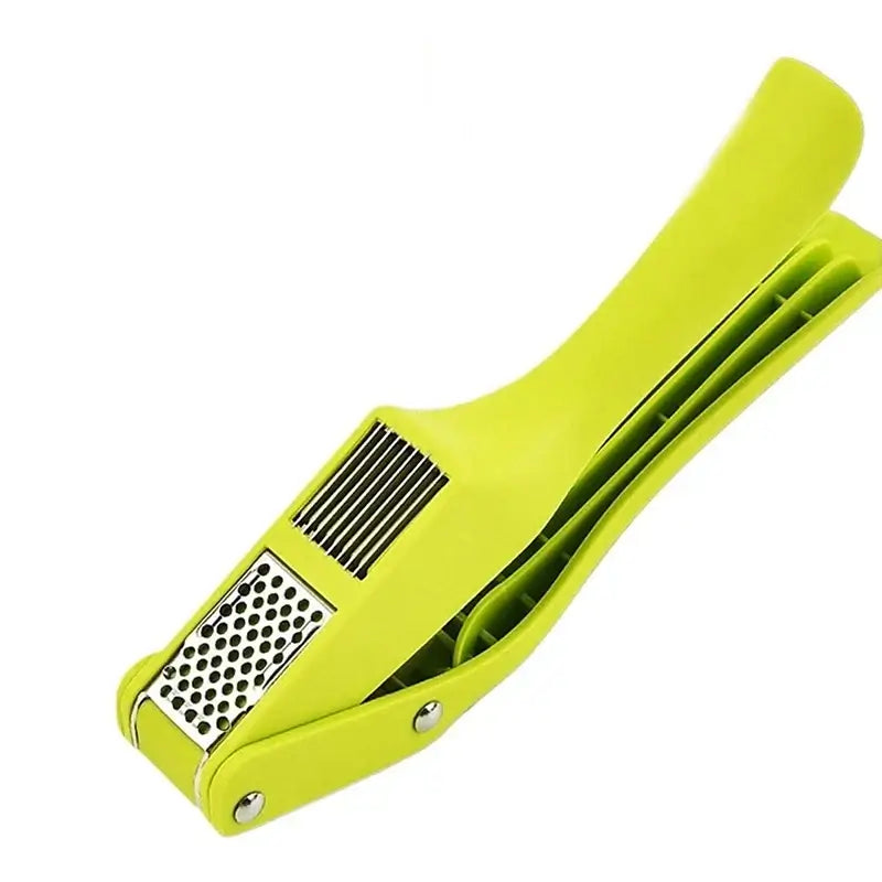 2-in-1 Garlic Press and Slicer, Green Options with stainless steel blade and compact design for easy storage.