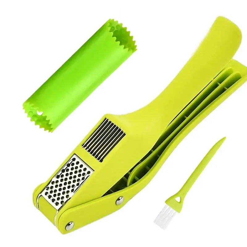 2-in-1 Garlic Press and Slicer, Green Options - compact green kitchen tool with stainless steel blade for easy garlic preparation.