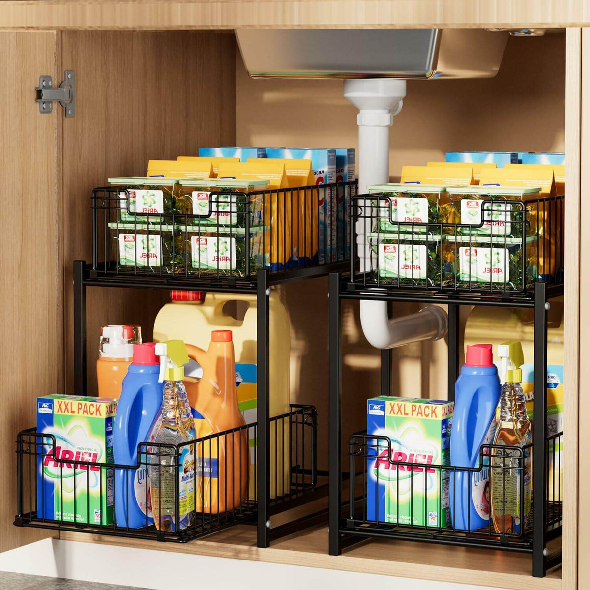 2-tier pull-out under-sink organizer with sliding baskets storing cleaning supplies under sink