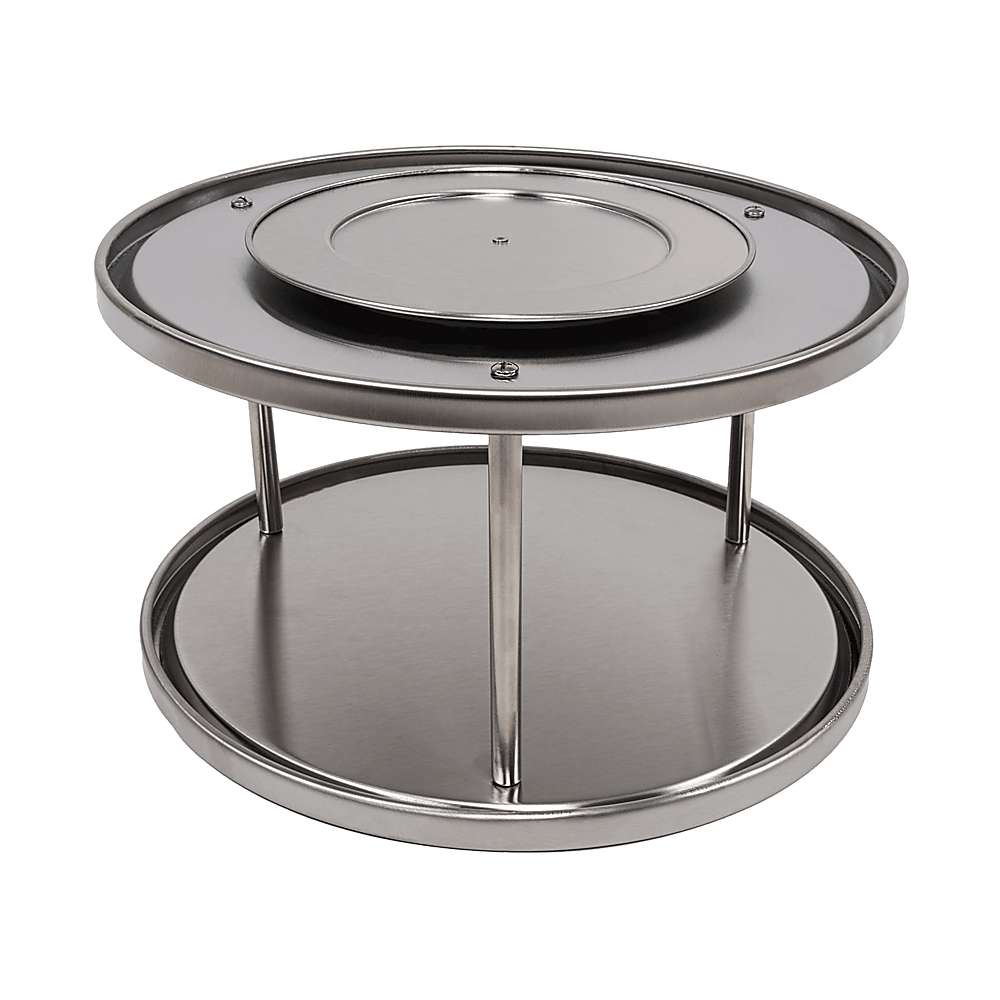 Stainless steel lazy susan organizer with two tiers for easy access to kitchen essentials and reduced countertop clutter.