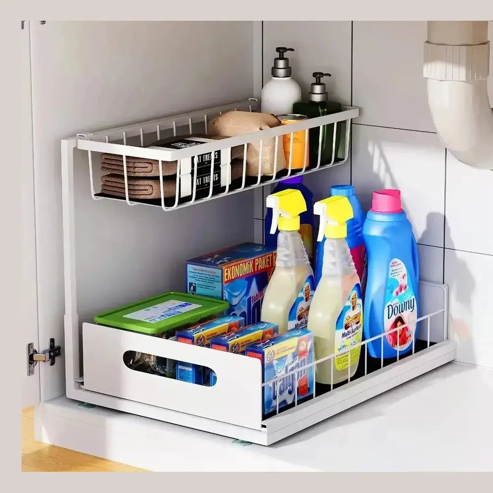 under-sink organizer with pull-out basket for easy access to cleaning supplies and toiletries