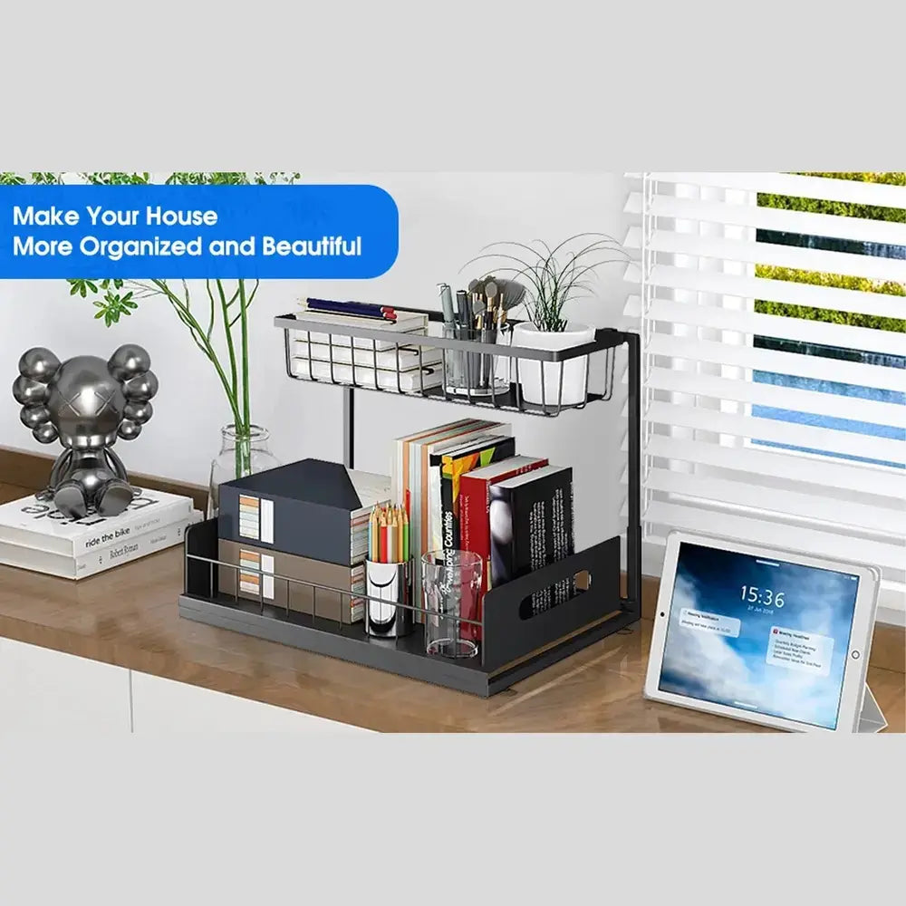 2-Tier under-sink organizer with pull-out basket for effective storage and easy access to items.