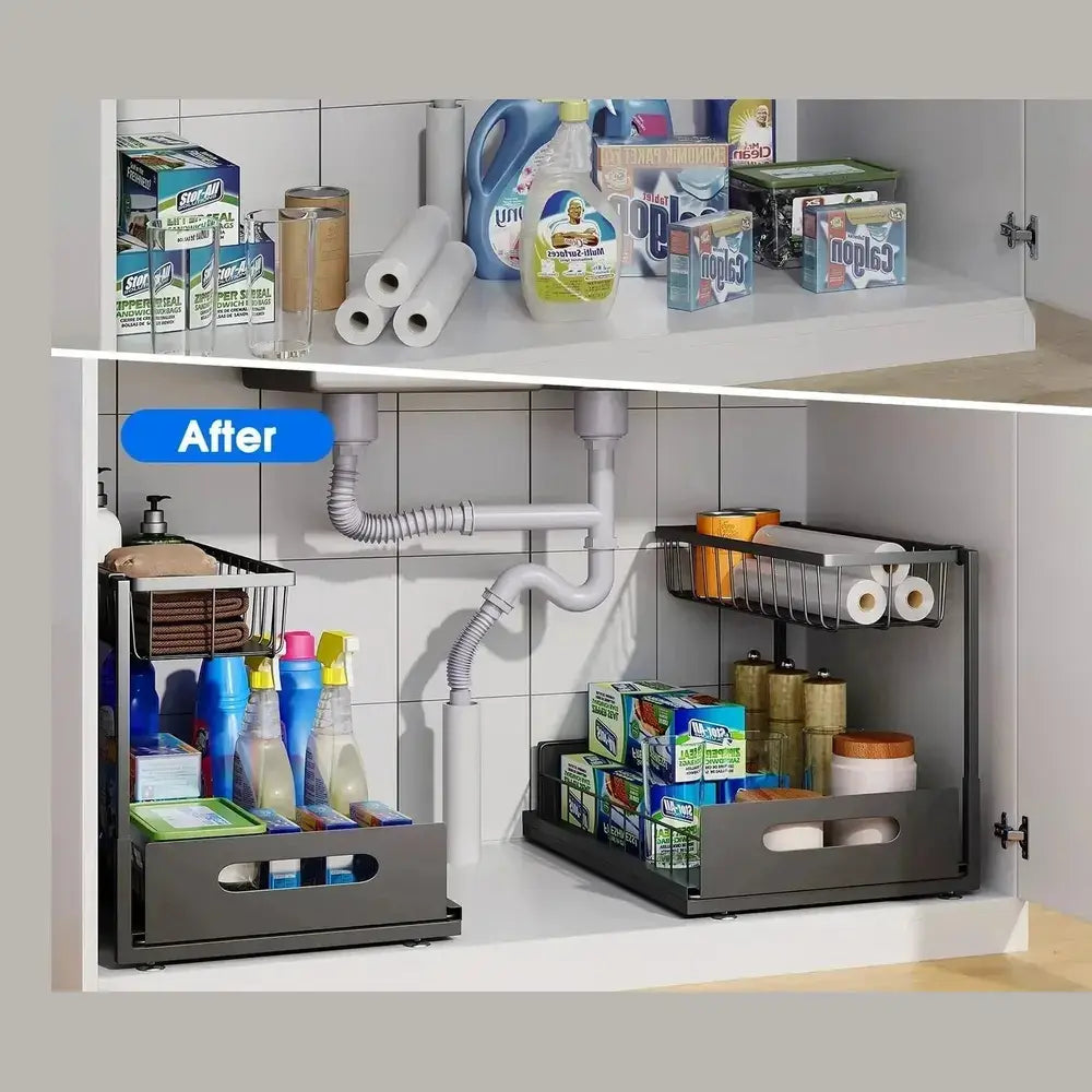 Under-sink organizer with pull-out basket maximizing storage efficiency for cleaning supplies and essentials.