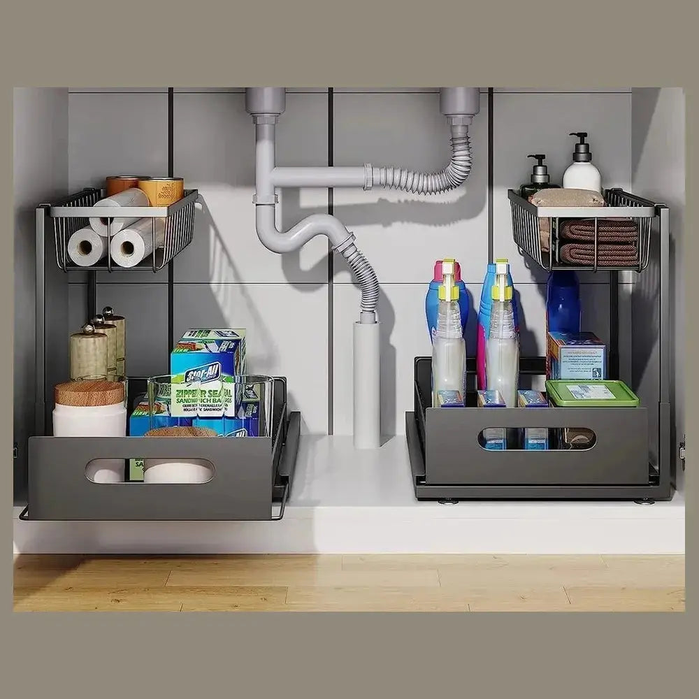 Under-sink organizer with pull-out basket showcasing cleaning supplies and toiletries in a modern cabinet layout.