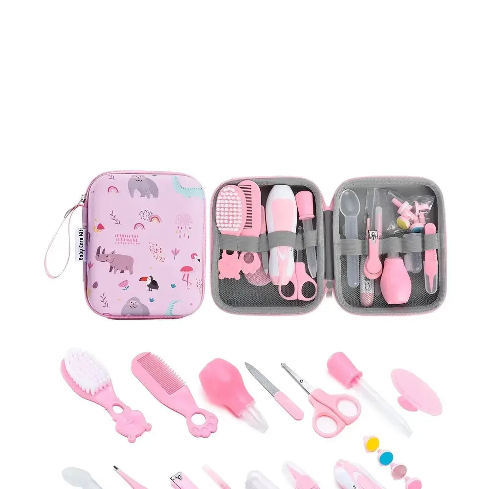 Pink 20-piece baby grooming kit essentials organized in a zippered case with various grooming tools.
