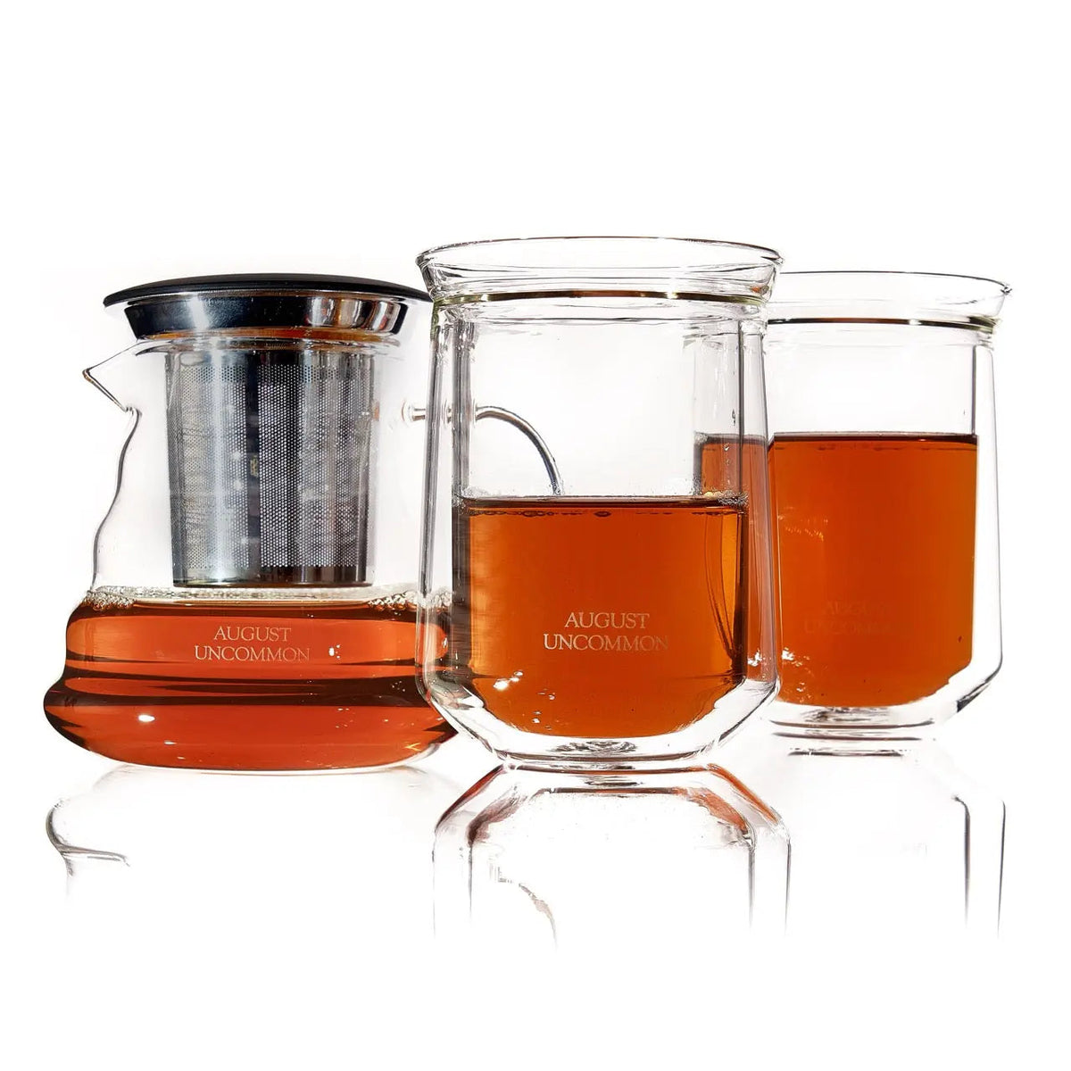 Tea for Two glass teapot set with stainless steel infuser and two double-wall glasses of brewed tea