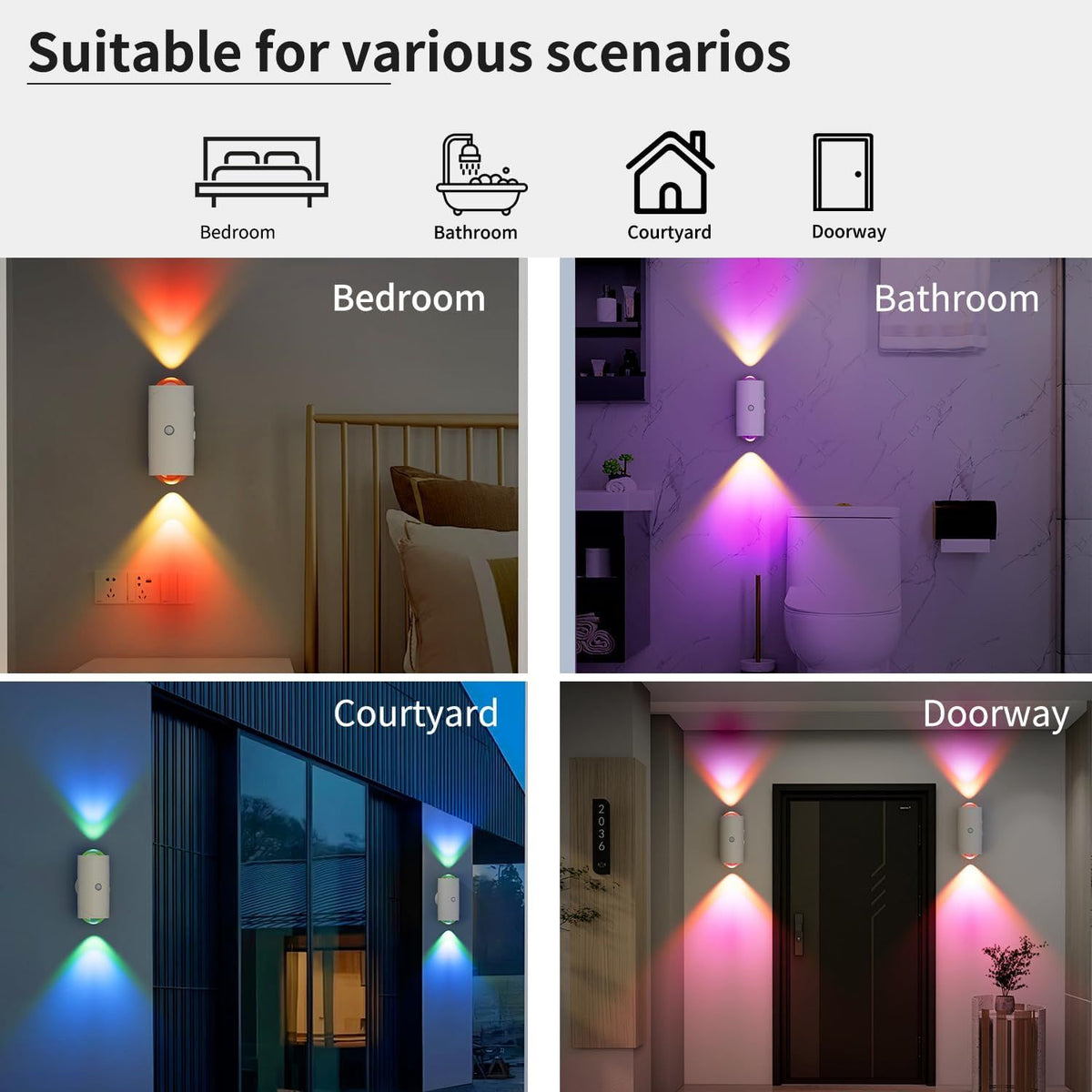rechargeable motion sensor night light in bedroom, bathroom, courtyard, and doorway with warm and color modes