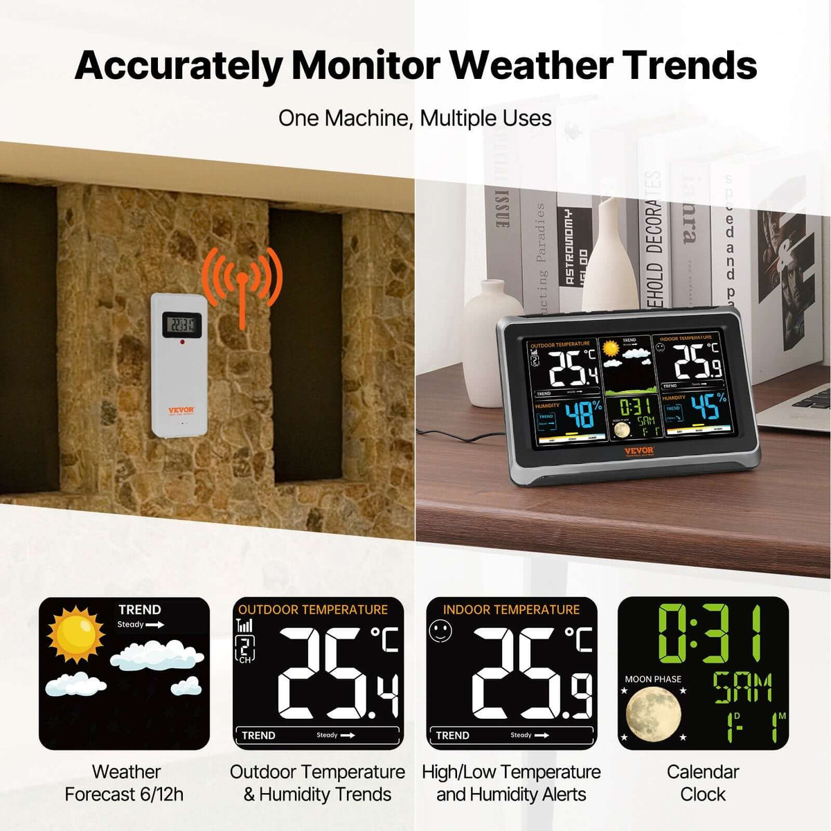 wireless weather station with outdoor sensor displaying indoor and outdoor temperatures on 7.5-inch color screen