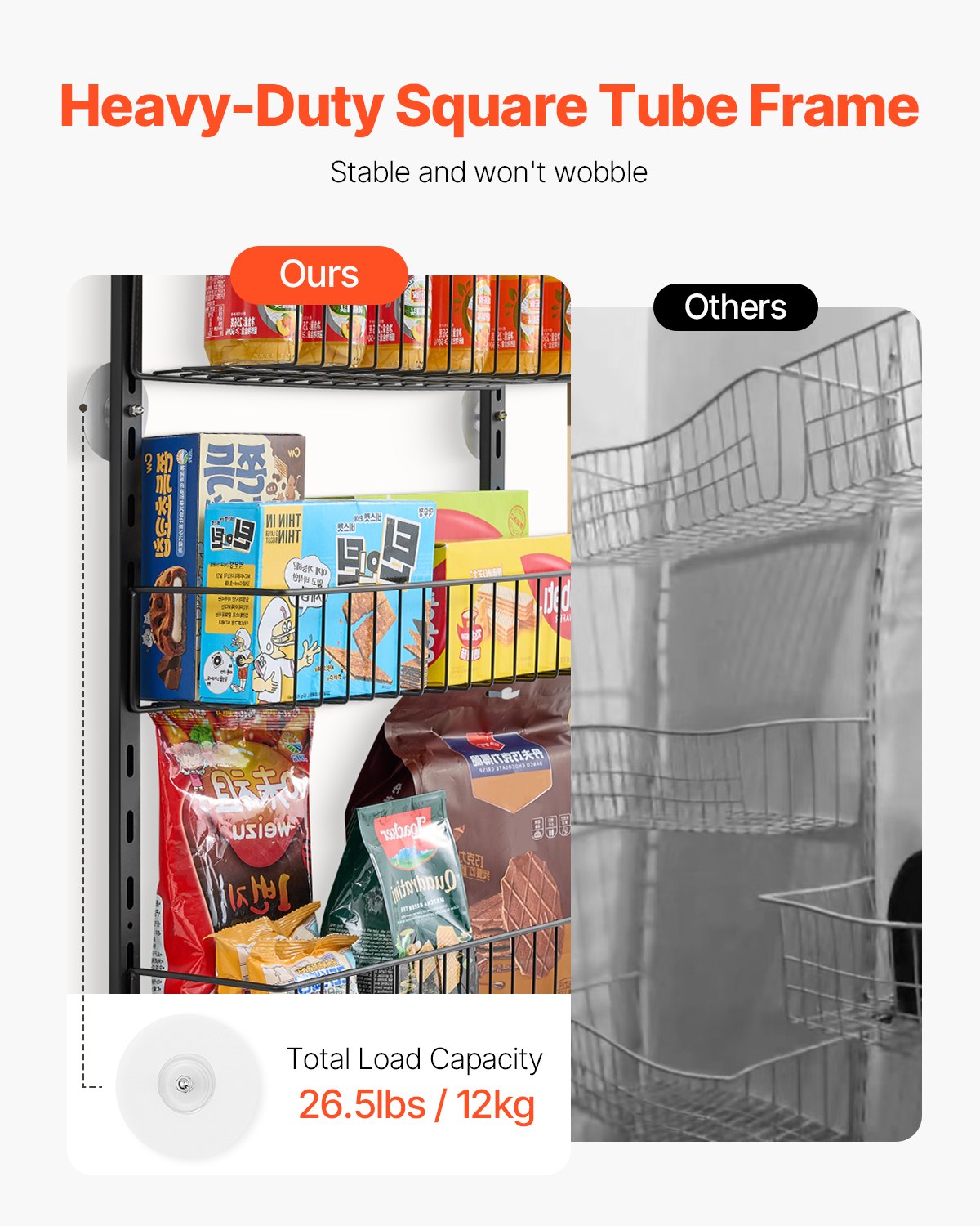 8-tier over-the-door pantry organizer with adjustable baskets featuring heavy-duty square tube frame