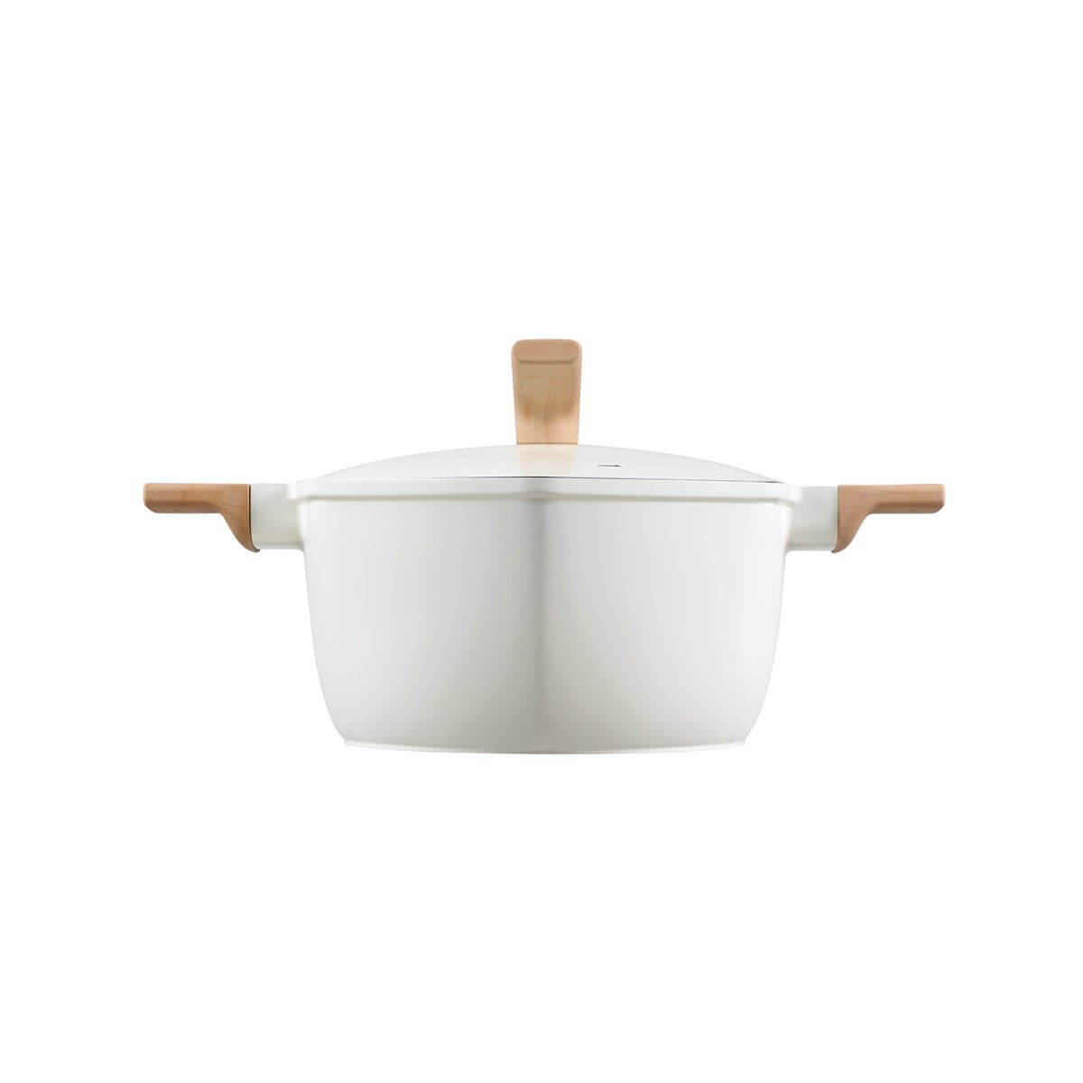 Non-stick soup pot with vented lid for effortless cooking, featuring two wooden handles and a sleek design.