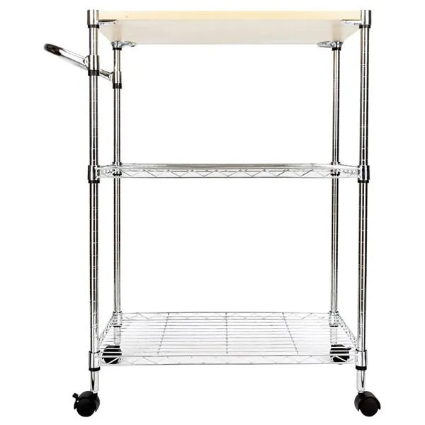 3-tier rolling kitchen cart with drawer and basket featuring sturdy steel frame with wood-look top and rolling wheels