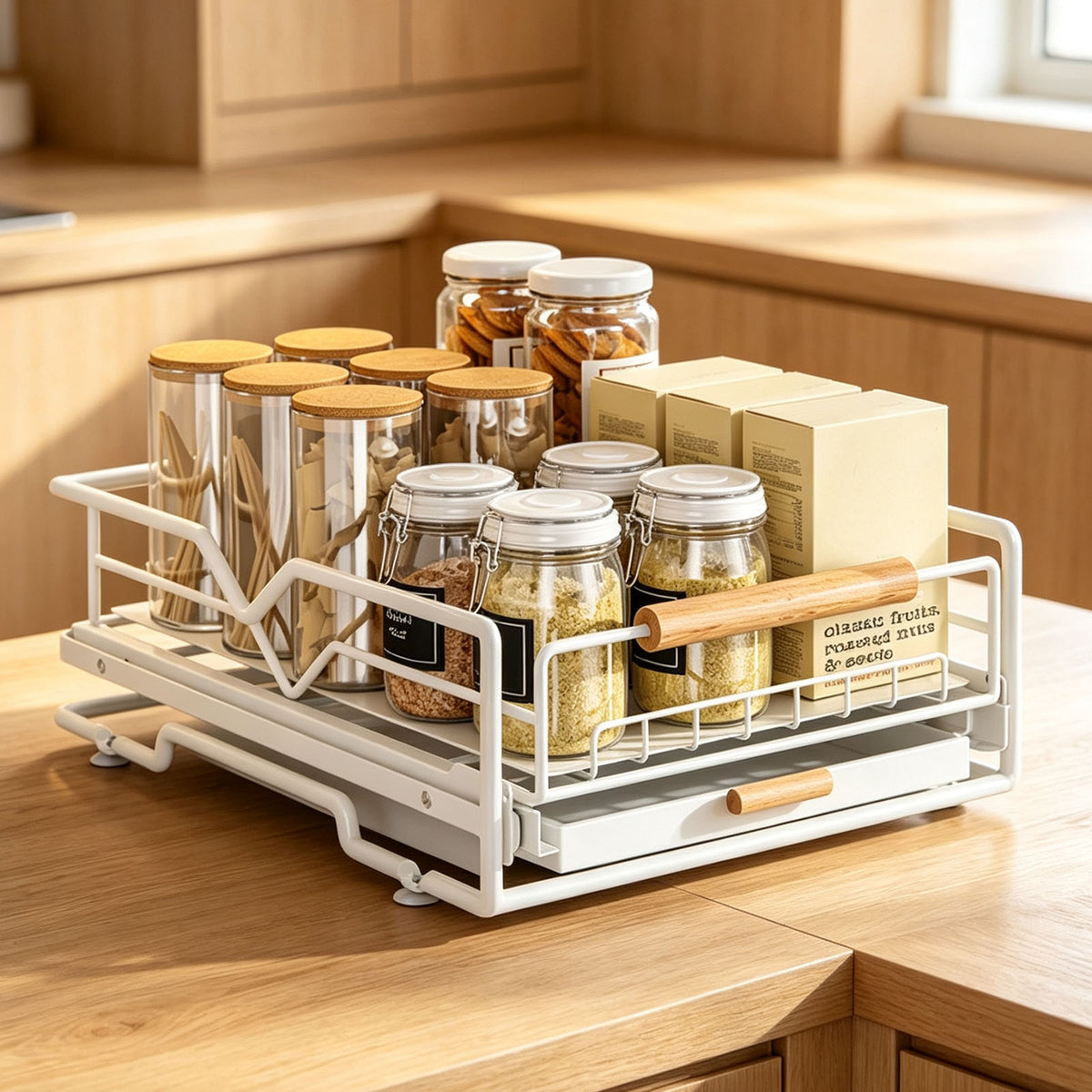 pull-out under-sink organizer with metal slide-out drawer displaying kitchen supplies and drip tray in cabinet