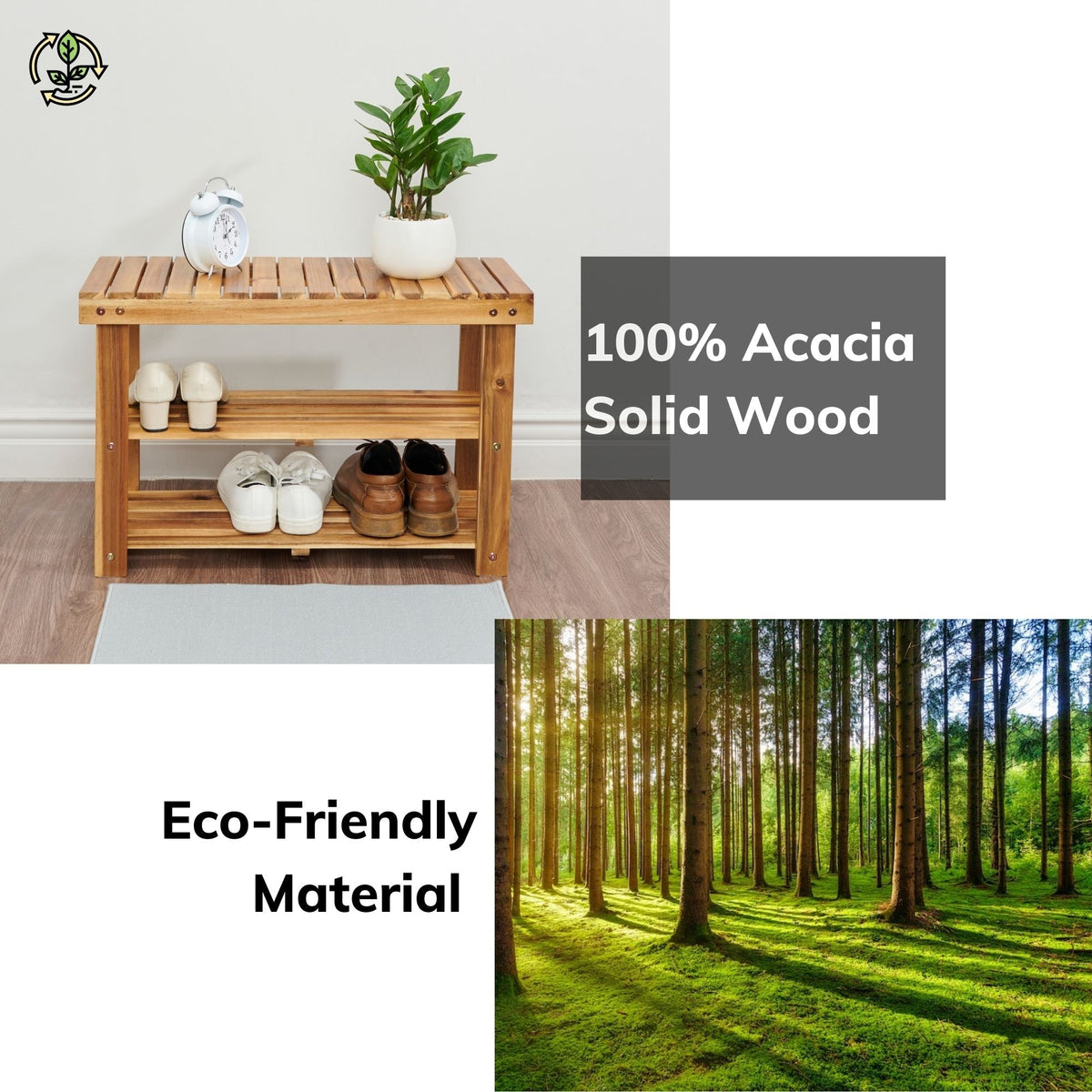 Acacia Wood Shoe Rack Bench – 2-Tier Entryway Storage
