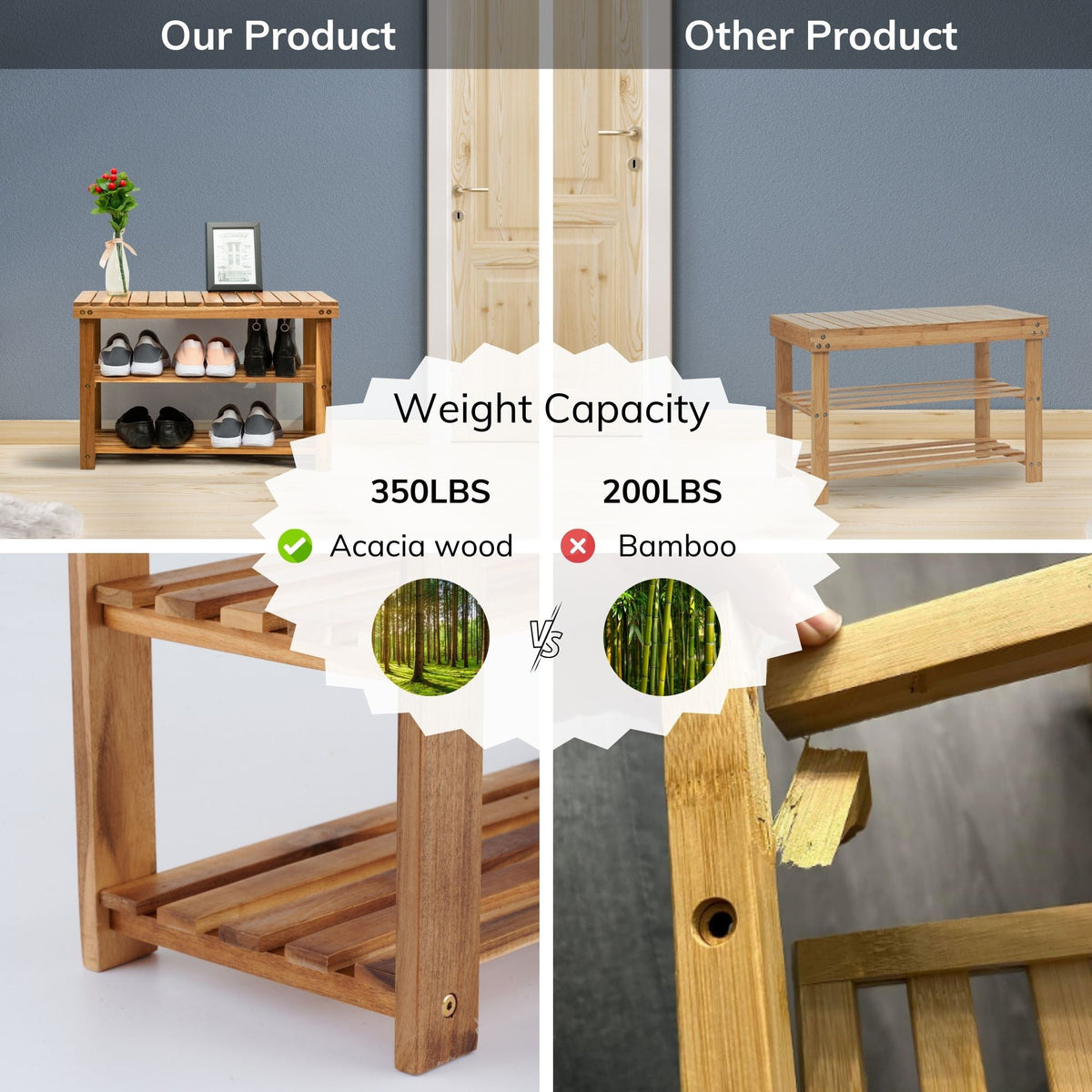 Acacia Wood Shoe Rack Bench – 2-Tier Entryway Storage