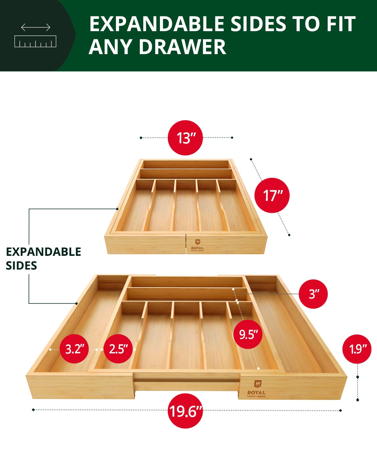 expandable bamboo drawer organizer showing adjustable sides that expand from 13 to 19.6 inches with 9 compartments