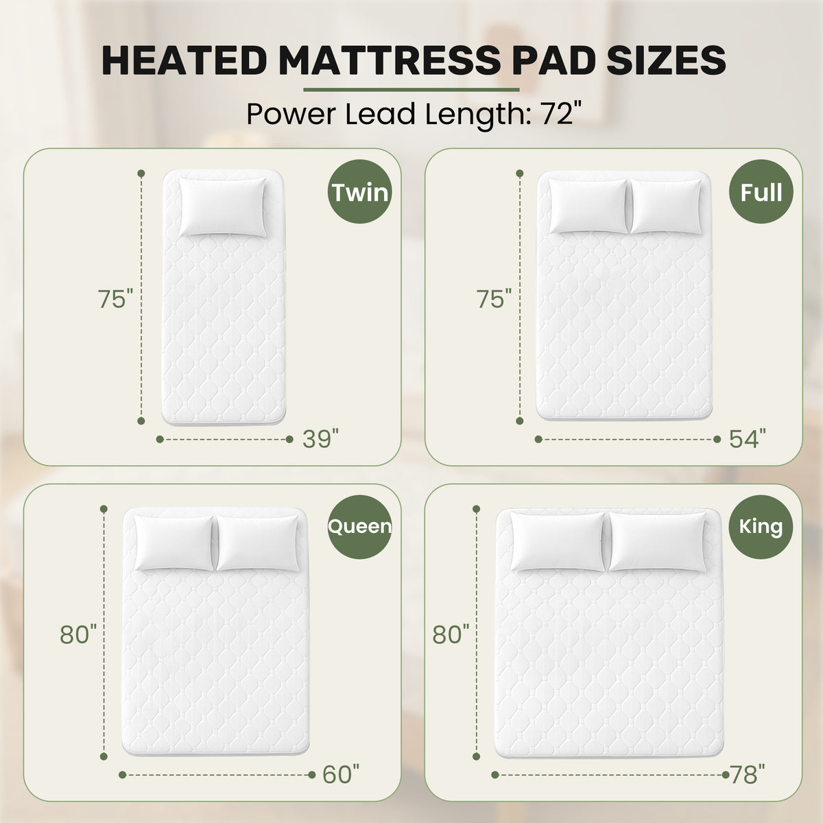 Twin heated mattress pad with auto shut-off size chart showing dimensions for twin, full, queen, and king sizes