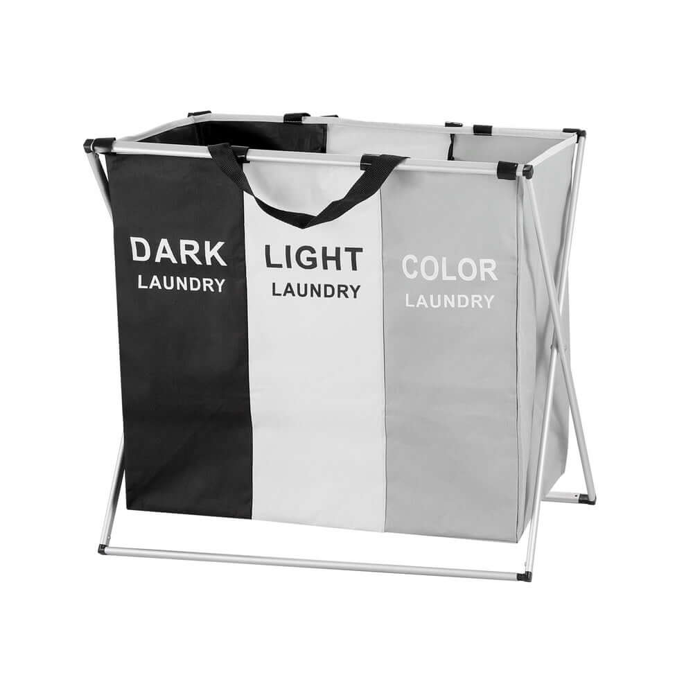 3-section foldable laundry hamper with a detachable aluminum-alloy frame, carry handle, and compartments for sorting lights, darks, and colors.