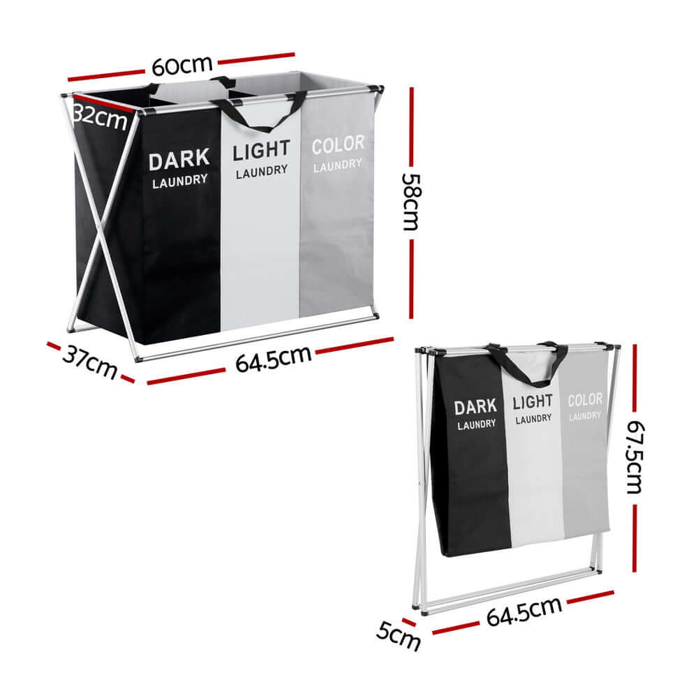 3-section foldable laundry hamper with a detachable aluminum-alloy frame, carry handle, and compartments for sorting lights, darks, and colors.