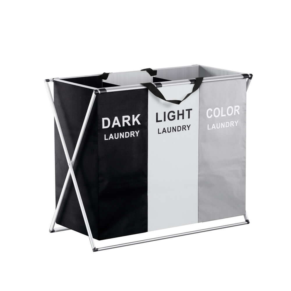 3-section foldable laundry hamper with a detachable aluminum-alloy frame, carry handle, and compartments for sorting lights, darks, and colors.