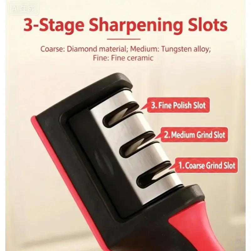 3-Stage Manual Knife Sharpener showing sharpening slots: coarse diamond, medium tungsten, and fine ceramic.