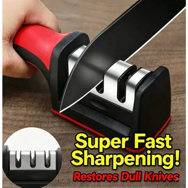 3-stage manual knife sharpener in use, sharpening a kitchen knife, featuring simple and effective blade restoration.