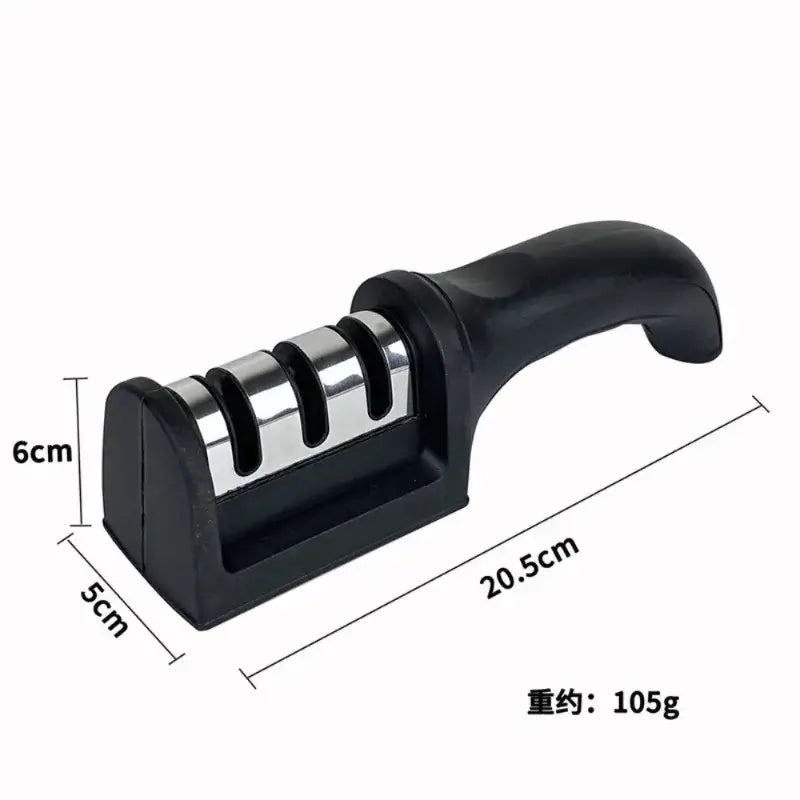 3-stage manual knife sharpener with ergonomic handle for kitchen knife maintenance, compact design, black finish, easy to use