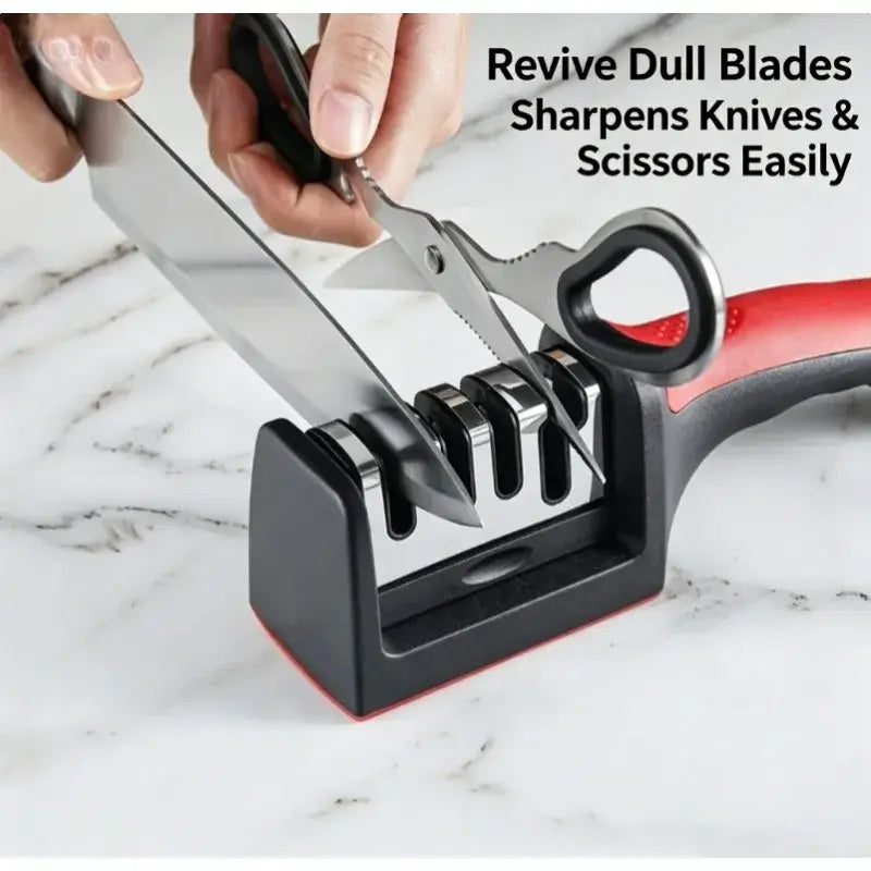 Manual operation of a 3-stage manual knife sharpener for kitchen blades.