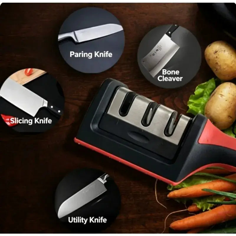 3-stage manual knife sharpener with various kitchen knives including paring, cleaver, slicing, and utility knives.