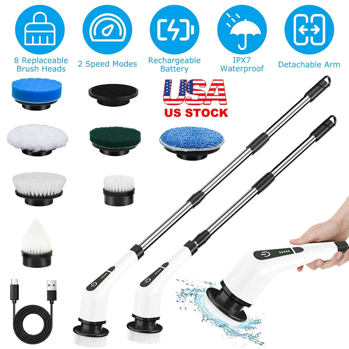 electric spin scrubber with long handle featuring 8 interchangeable brush heads, rechargeable battery, and telescopic arm for bathroom cleaning