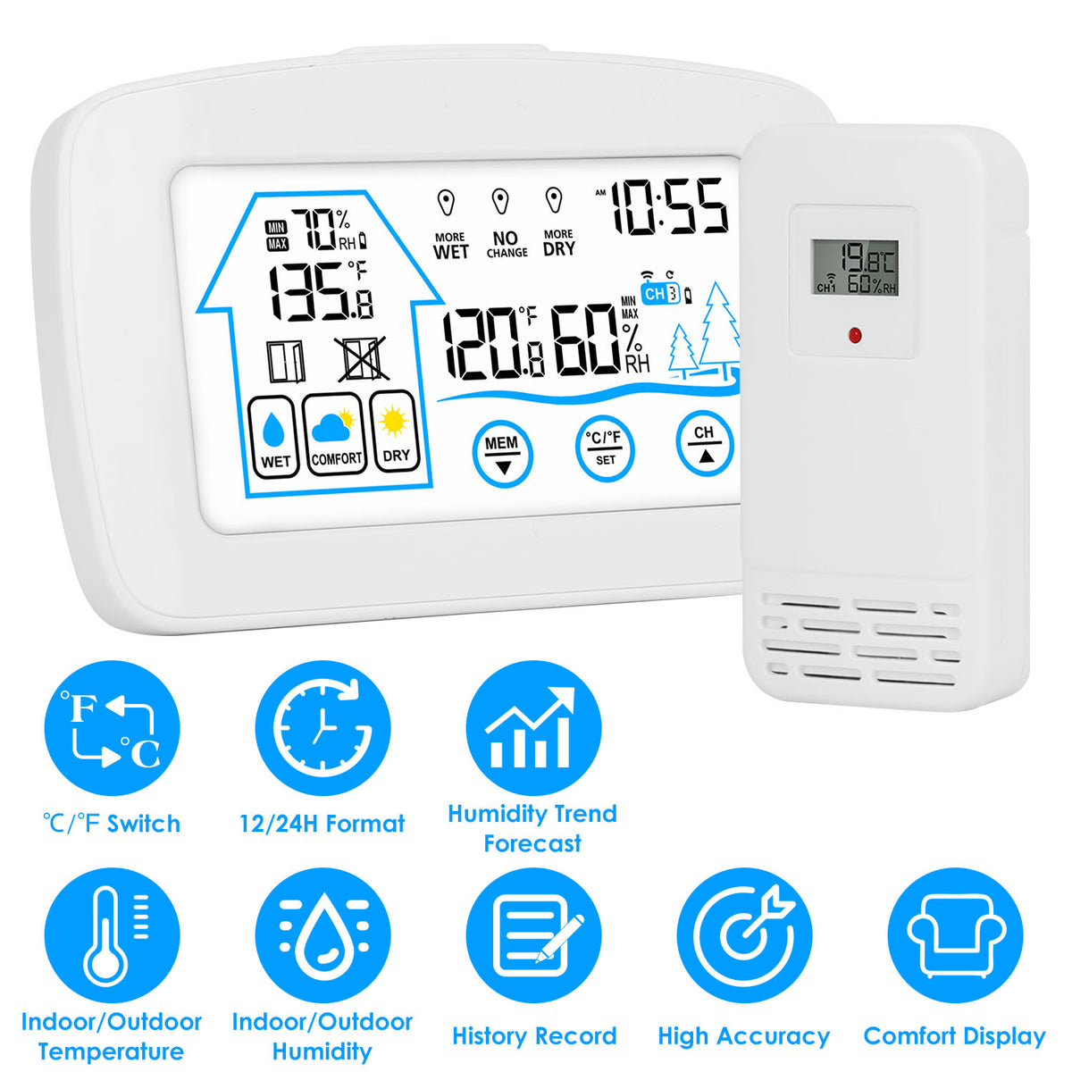 Wireless indoor outdoor thermometer weather station with clock and outdoor sensor